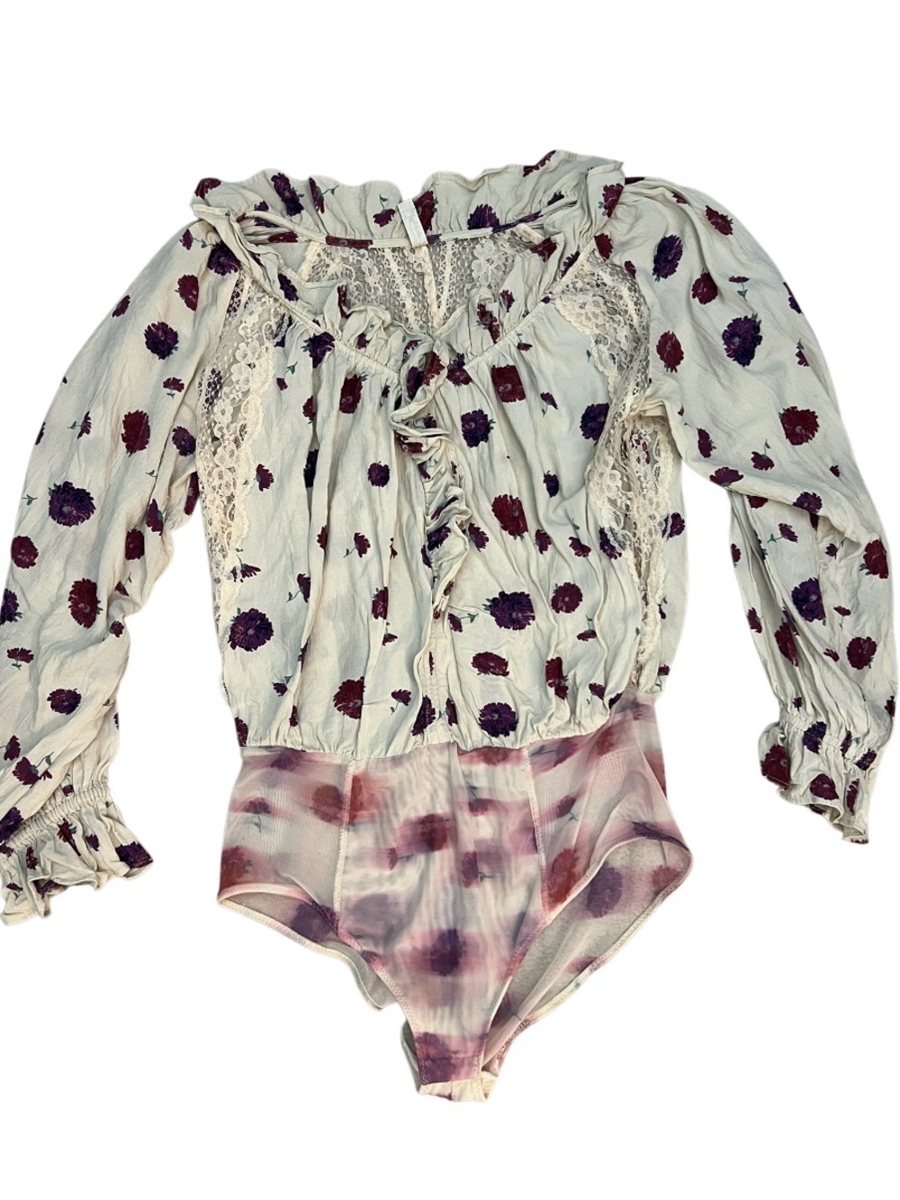 Intimately Free People Printed Bodysuit Ivory Cream Floral Ruffles Lace Size M